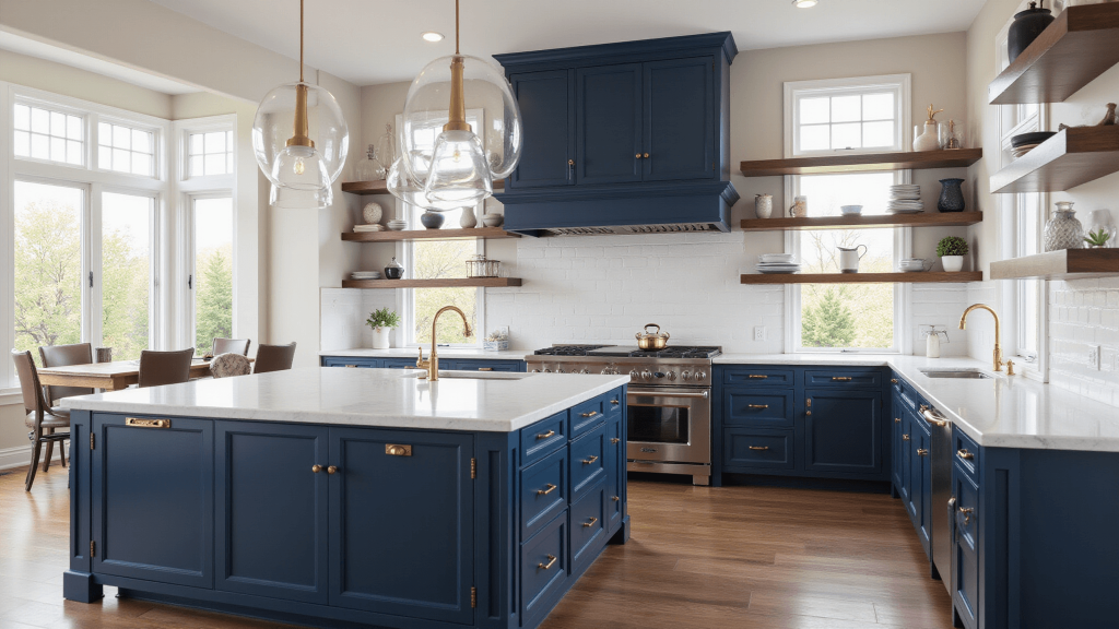 "Luxury kitchen with navy Shaker-style cabinets, brass hardware, and white quartz countertops bathed in morning light"