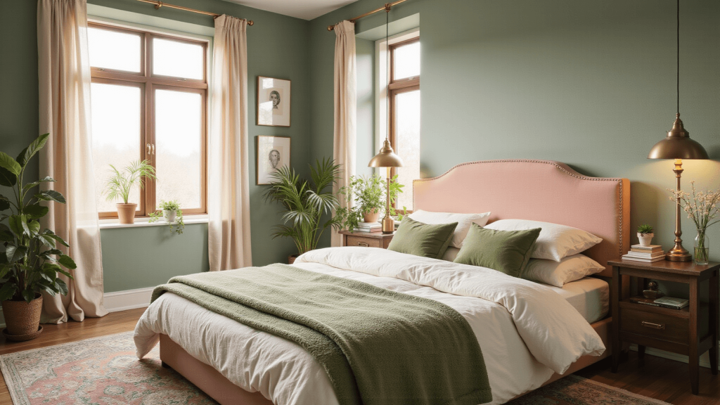"Cozy bedroom with sage green walls, blush pink velvet headboard, golden hour light, textured bedding, brass accents, and a vintage rug"
