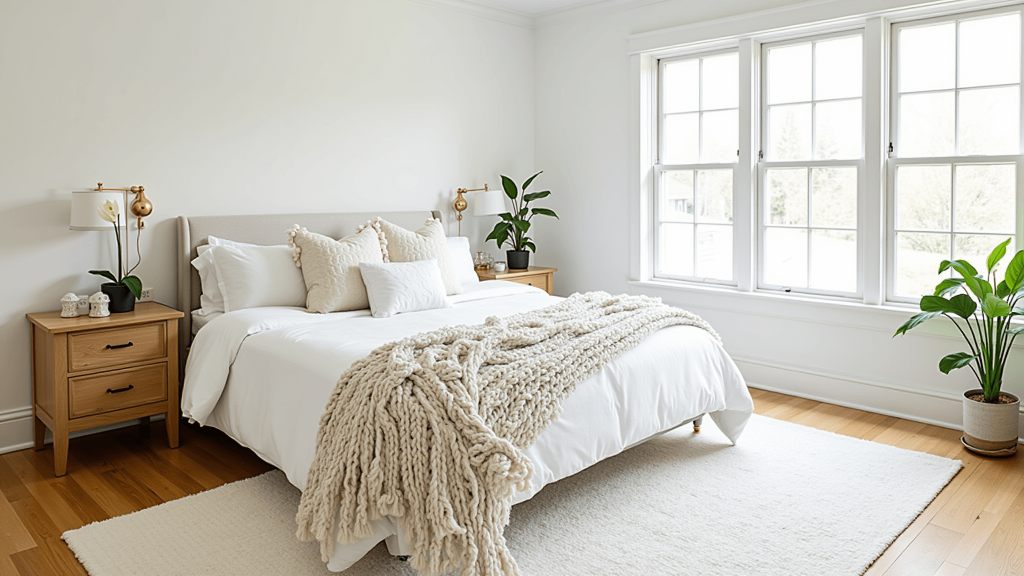 "A serene white bedroom with layered textures, natural oak nightstands, brass reading lamps, and morning light streaming through floor-to-ceiling windows"
