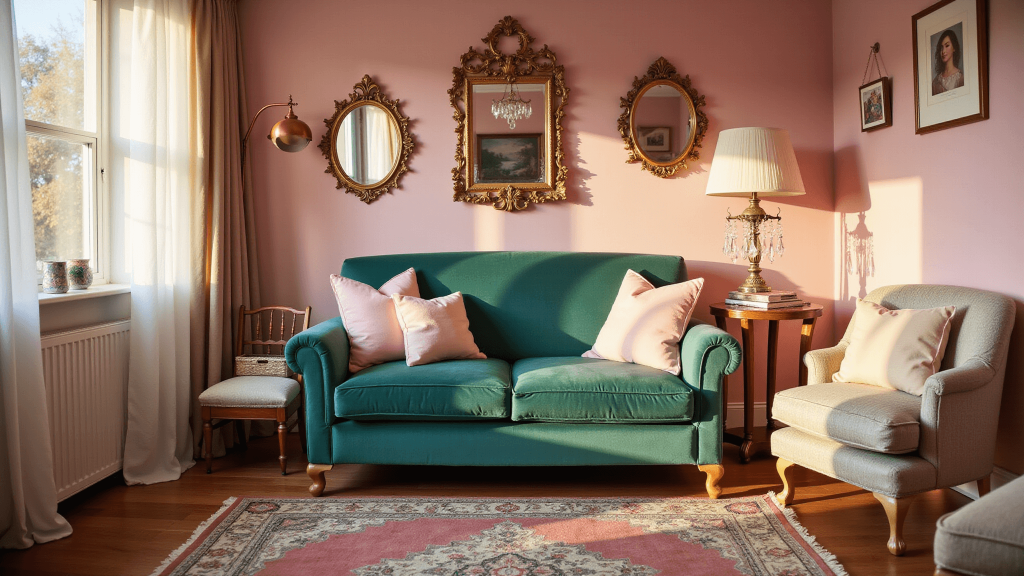 "Sunlit whimsical living room with pink walls, emerald velvet sofa, vintage gold mirrors, and whimsical decor during golden hour"