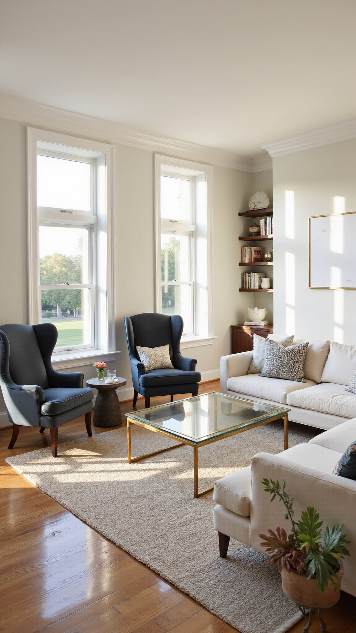 Transitional living room at golden hour with cream sectional, slate velvet wing chairs, and sunlight streaming through floor-to-ceiling windows.