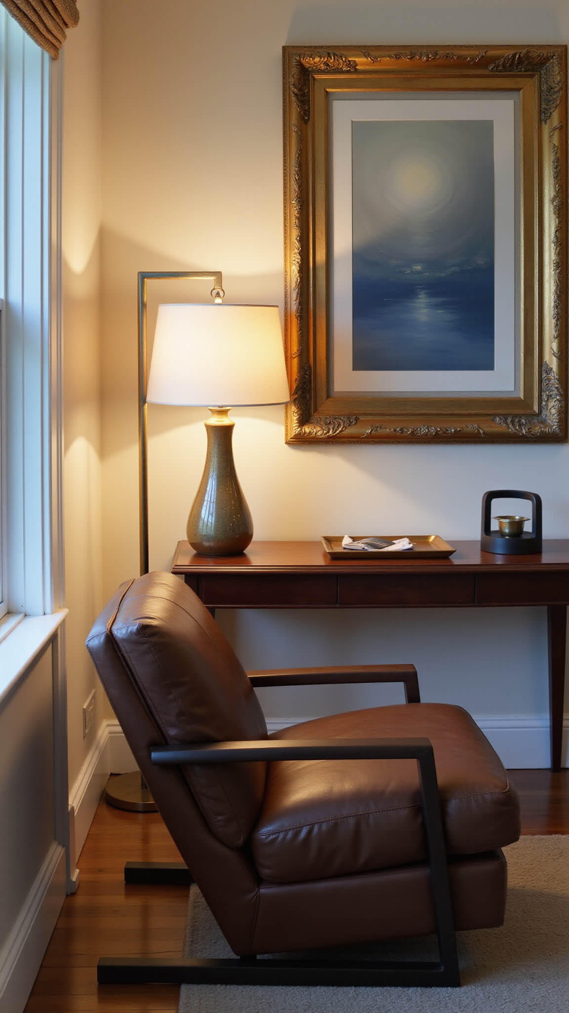 A transitional living room corner at dusk with a leather accent chair, mahogany side table, sculptural mixed-metal floor lamp, and abstract art in a gilded frame, softly lit to highlight rich textures.