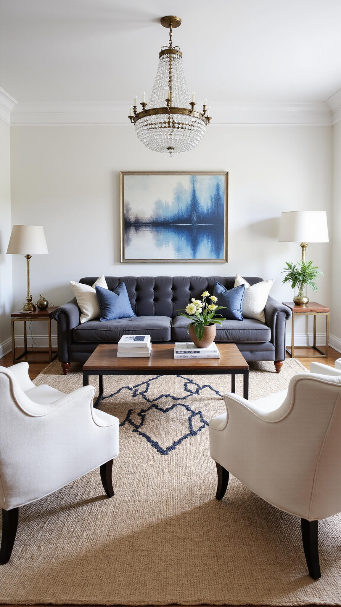 Wide-angle view of a transitional living room with gray velvet sofa, linen bergère chairs, layered rugs, and crystal chandelier at midday.