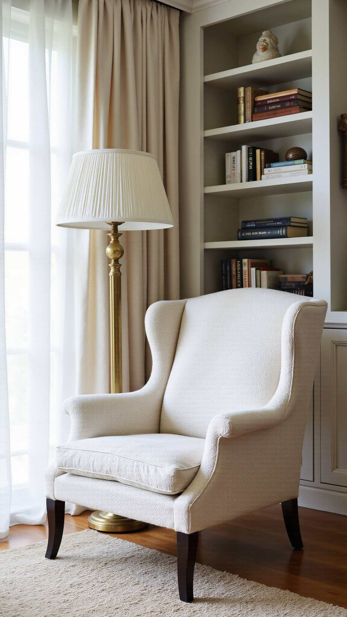 Ivory bouclé wingback chair in a sunlit reading nook with brass floor lamp and built-in shelves of books and sculptures.
