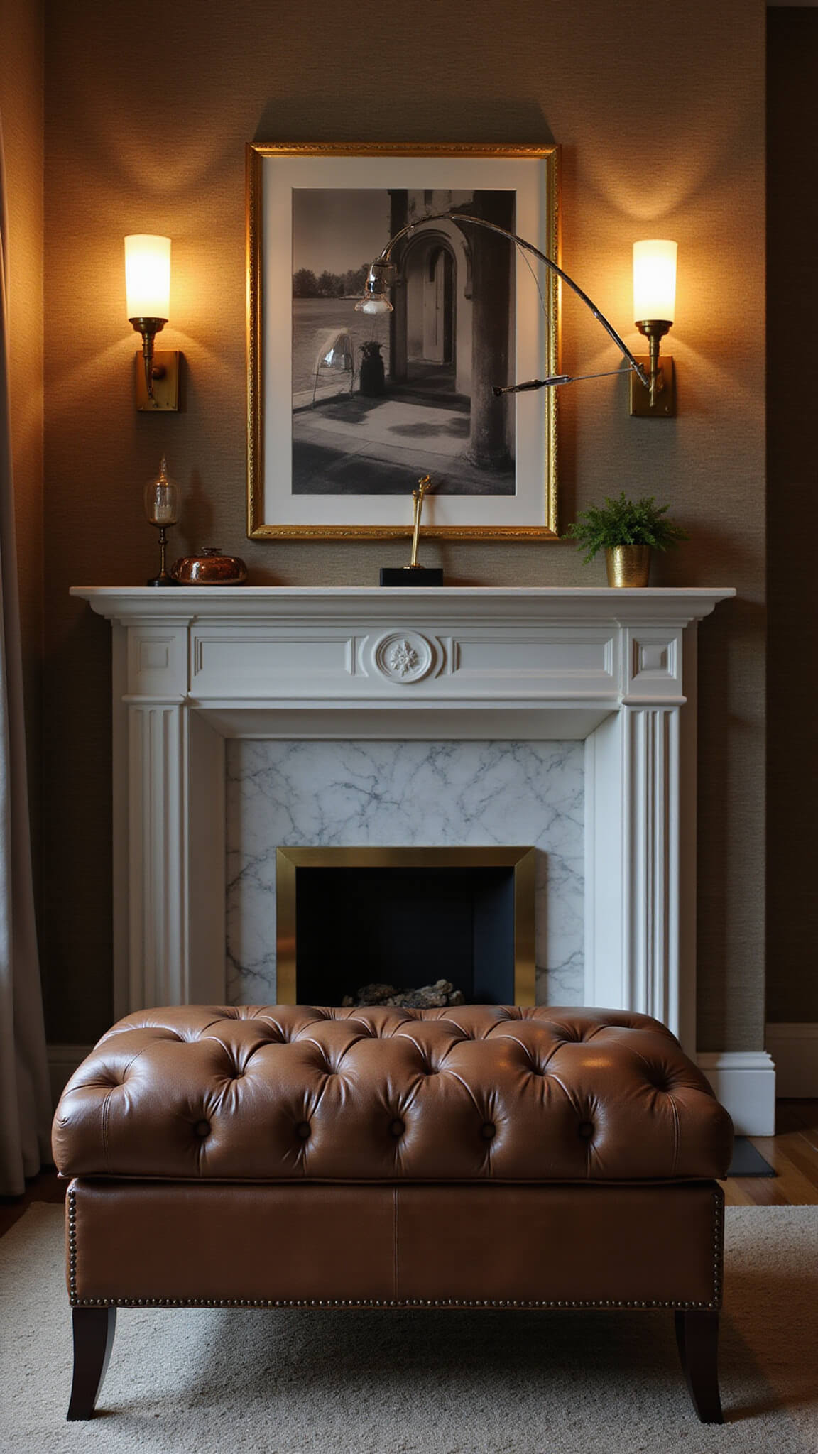 Moody evening living room with layered lighting, featuring a chrome arc lamp over a tufted leather ottoman, warm sconces on grasscloth walls, and black-and-white photos above a marble fireplace.