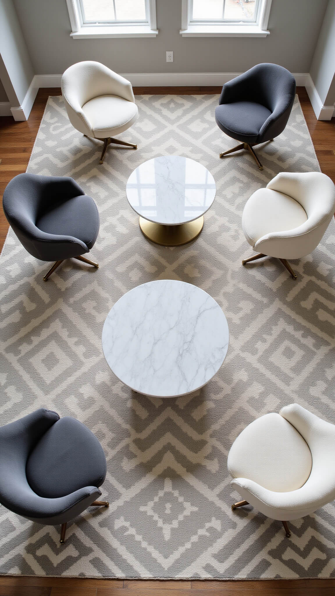 Overhead view of a transitional living room with a round marble coffee table surrounded by four swivel chairs on a geometric rug, lit by natural midday light.