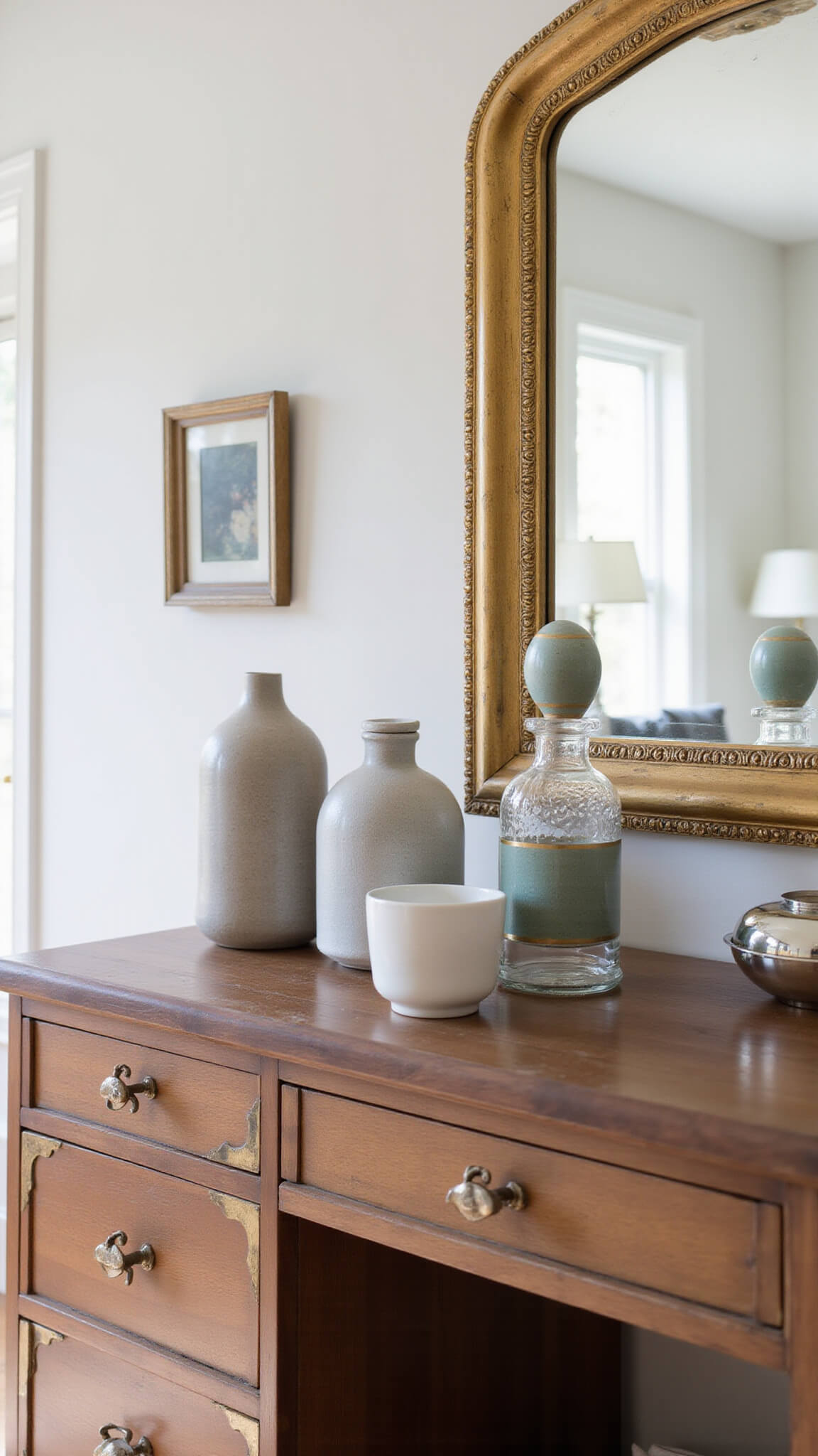 Close-up of a walnut console with brass inlay displaying modern ceramics and crystal decanters beneath a gilt mirror in soft morning light.