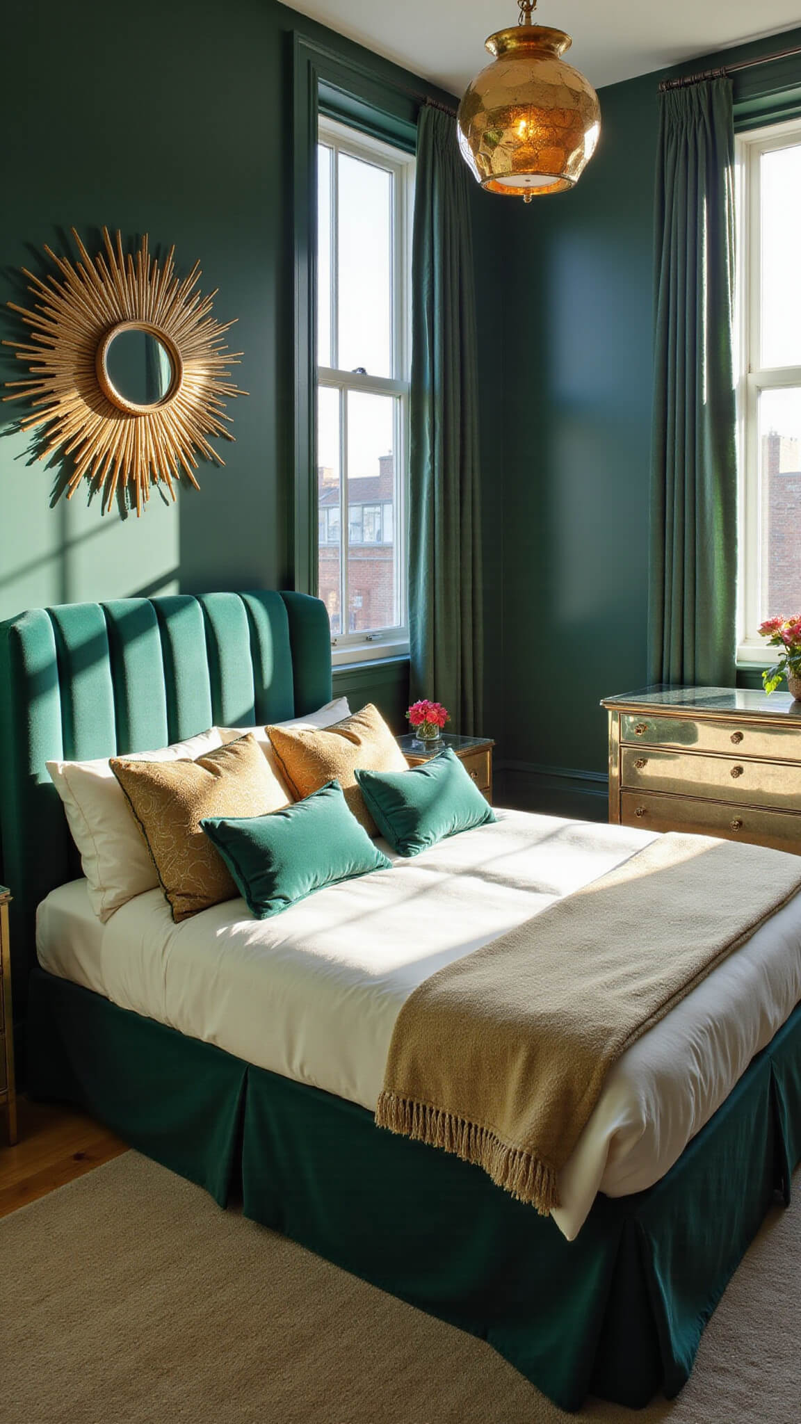 Art Deco bedroom with emerald walls, channeled velvet headboard, gold sunburst mirror, geometric pendant light, and silk bedding, viewed from doorway at an angle.