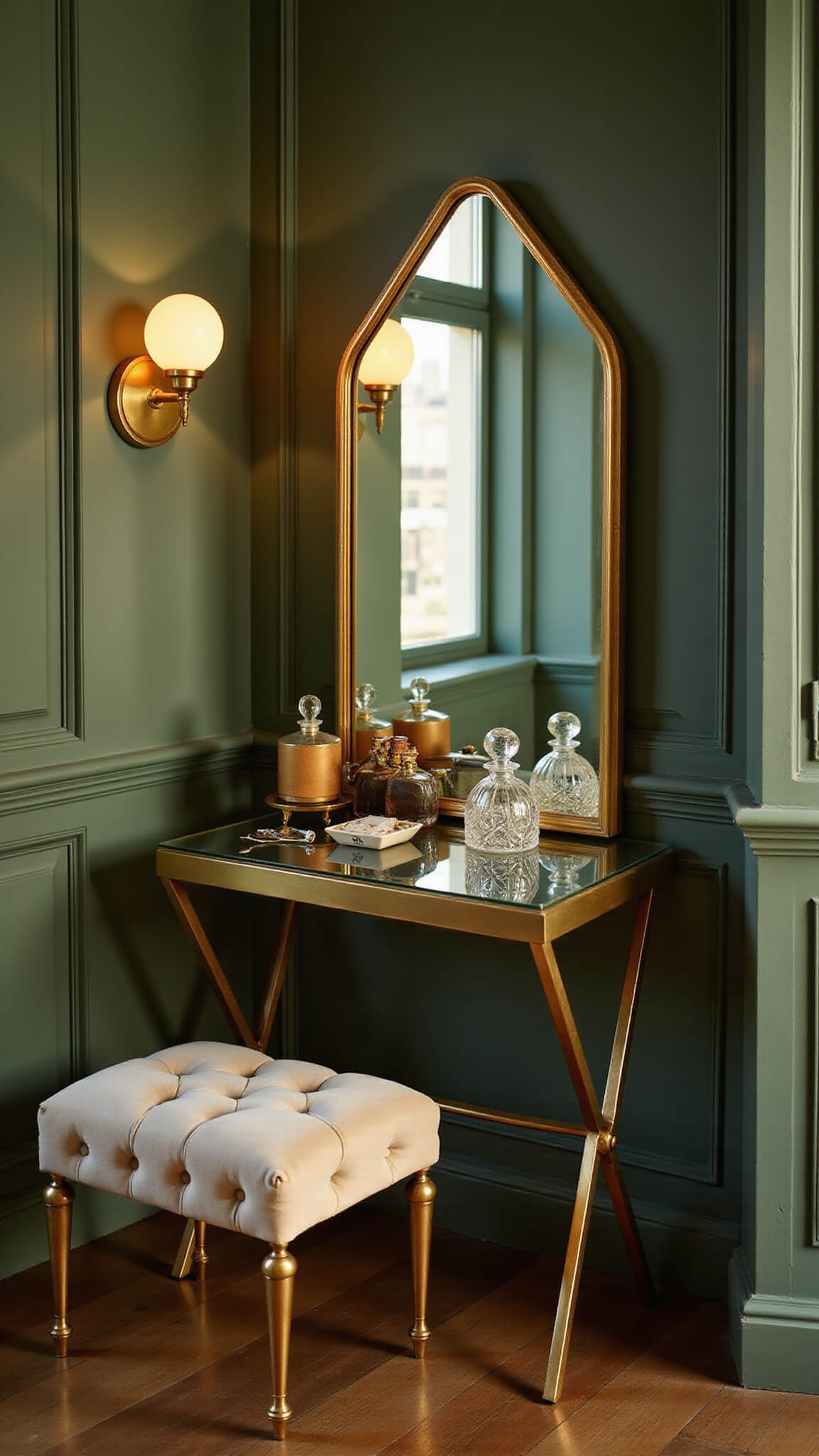 Art Deco vanity corner with gold-framed mirror, emerald walls, crystal perfume bottles, and cream velvet stool, lit by golden hour light.