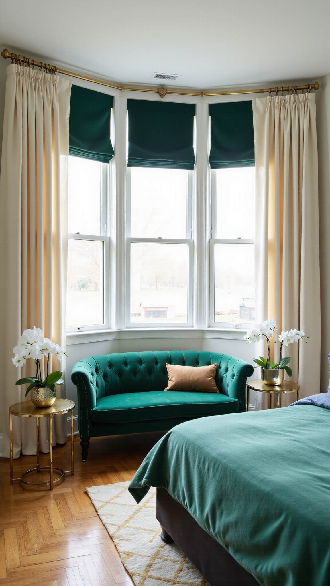 Wide-angle view of a 10x12ft bedroom with emerald velvet chaise lounge under geometric windows, morning light filtering through layered curtains, angular accent tables with orchids, and herringbone floors partly covered by a cream and gold rug.