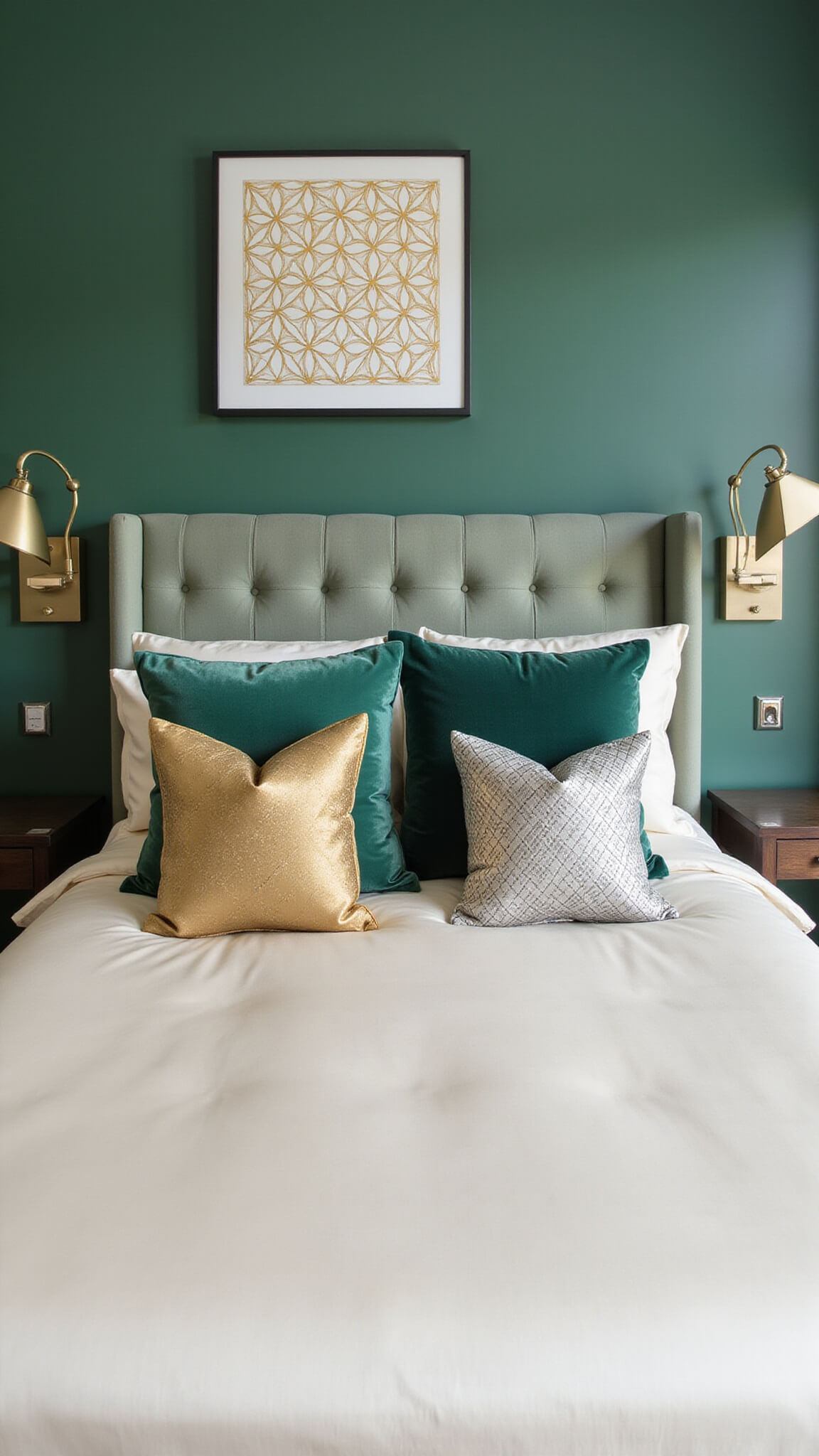 Detail of luxurious cream silk bedding with geometric pillows against emerald accent wall, flanked by brass lamps and gold-accented artwork.