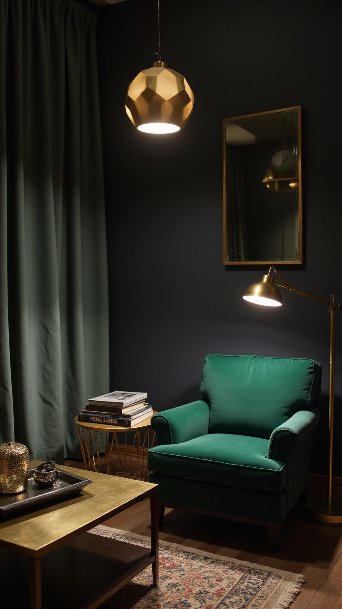 Moody evening bedroom seating area with emerald velvet armchair, gold side table, geometric mirror, and layered lighting from pendant and brass floor lamp.