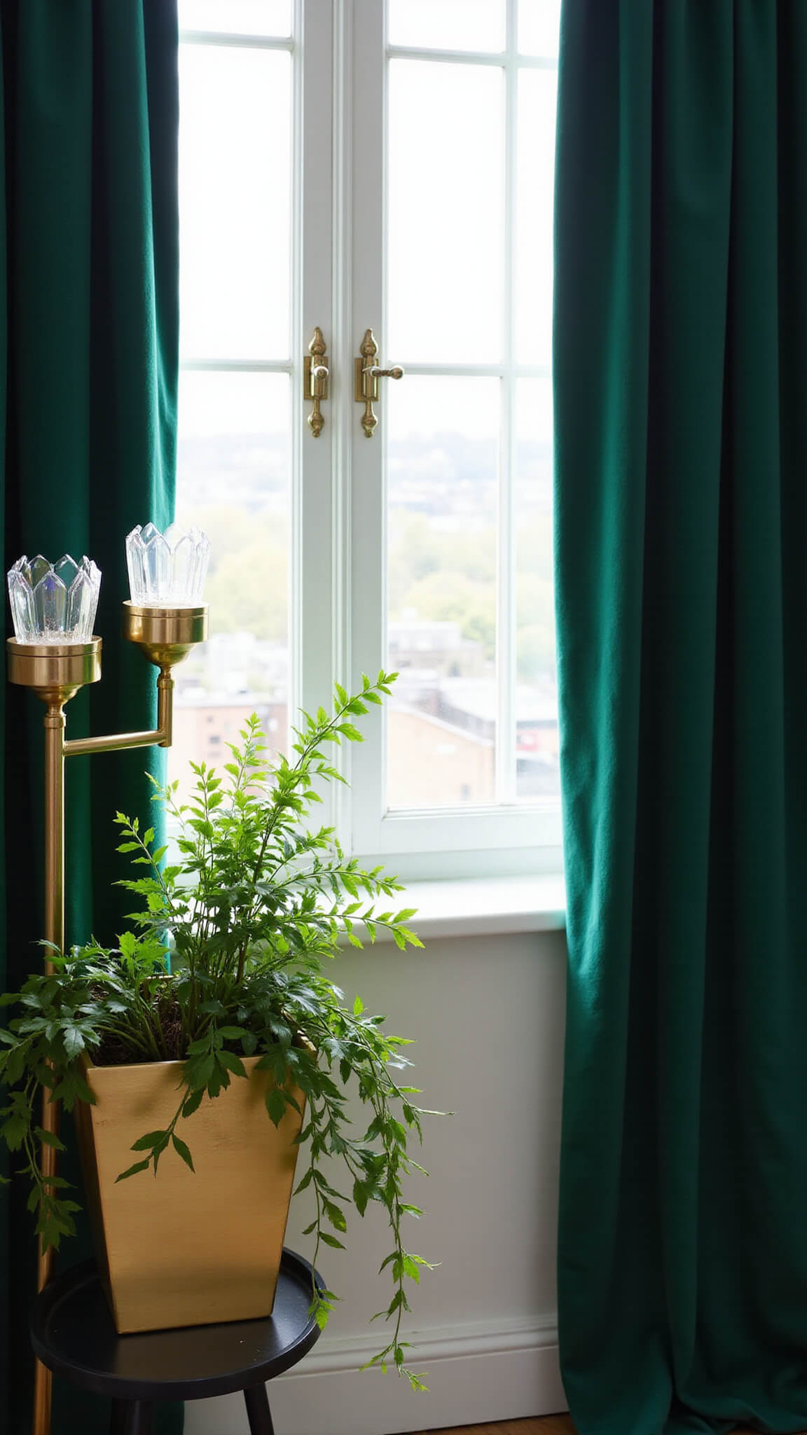 Closeup of emerald velvet drapes with gold geometric hardware, textured fabric highlighted by natural light, brass planter with ivy, and rainbow reflections from crystal sconce.