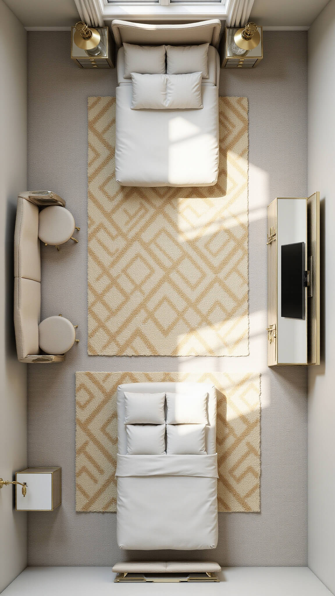 Bird’s eye view of bedroom layout with king bed on cream and gold rug, seating nook, vanity space, mirrored furniture, and Art Deco lighting.