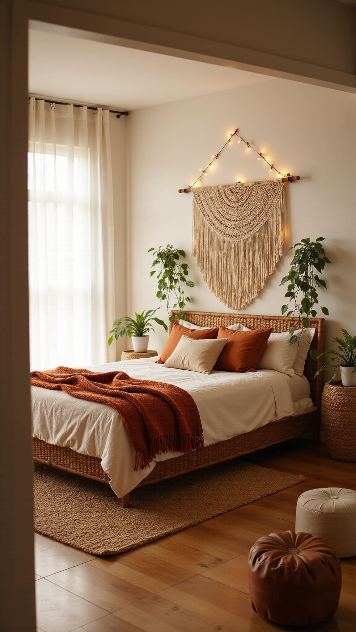 Dreamy boho bedroom with rattan bed, rust and cream linens, macramé wall hanging, trailing plants, and warm golden hour light filtering through sheer curtains.