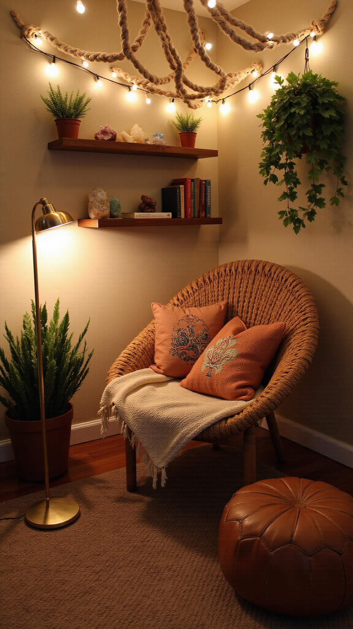 Cozy bedroom nook at dusk with rattan peacock chair, string lights in macramé canopy, vintage books on wooden shelves, and earth-tone accents.