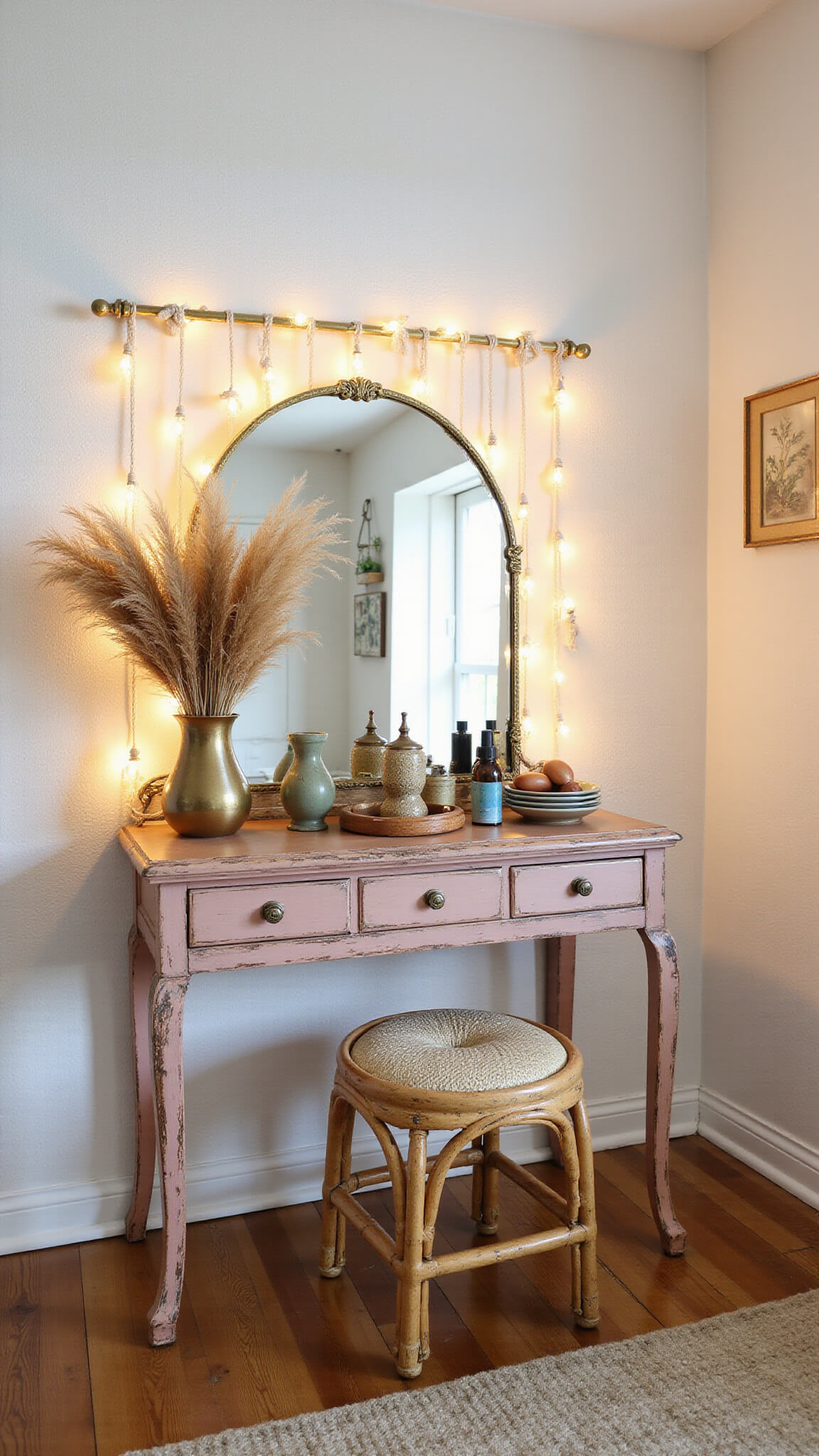 Bohemian vanity corner with antique brass mirror, curtain lights, vintage decor, and botanical wall accents in soft morning light.