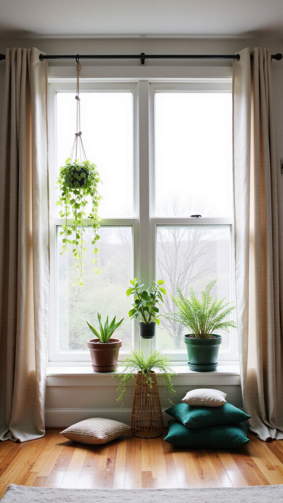 Low-angle wide shot of tall bedroom windows with sheer linen curtains, hanging plants, rattan plant stands, and meditation cushions, bathed in natural midday light.