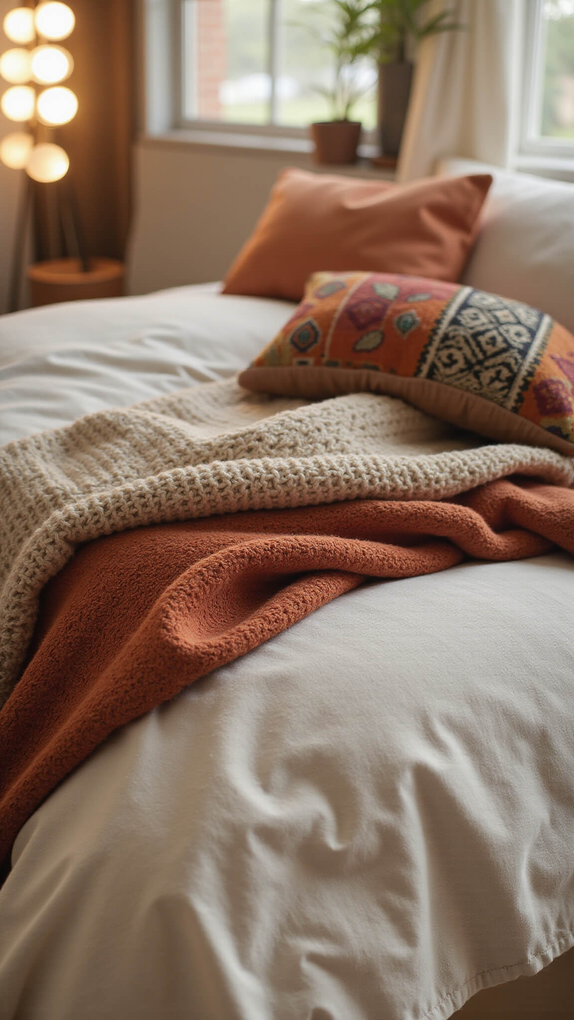 Macro shot of layered bedding with rumpled oatmeal linen, terra cotta knit throw, Moroccan wedding blanket, and patterned pillows in earth tones, with curtain lights creating a bokeh effect.