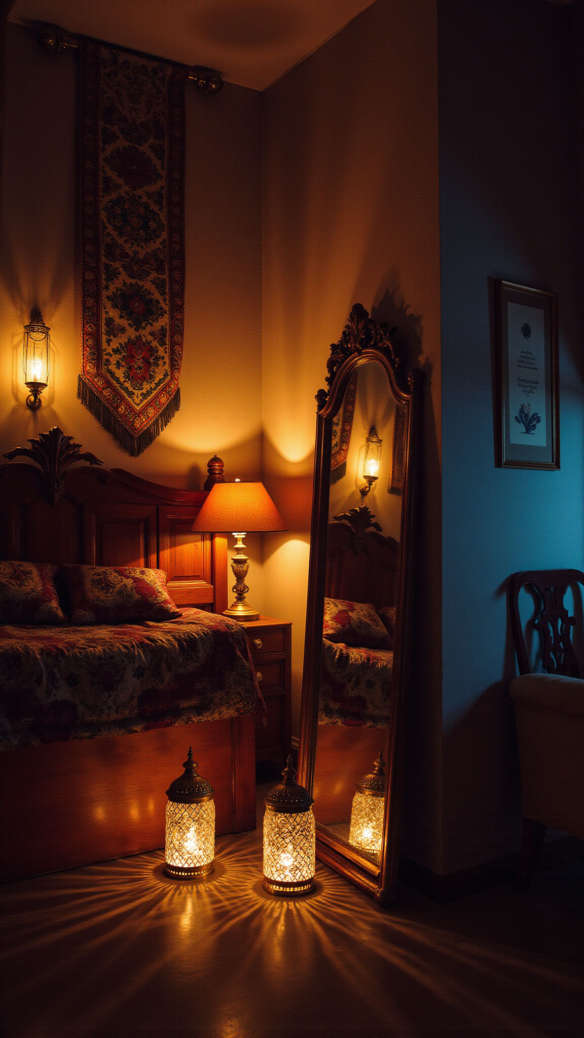 Low-light 35mm photograph of a bedroom at twilight with curtain light panels, brass lanterns casting shadows, carved wooden headboard with illuminated tapestry, and reflected warm lighting in vintage mirror.