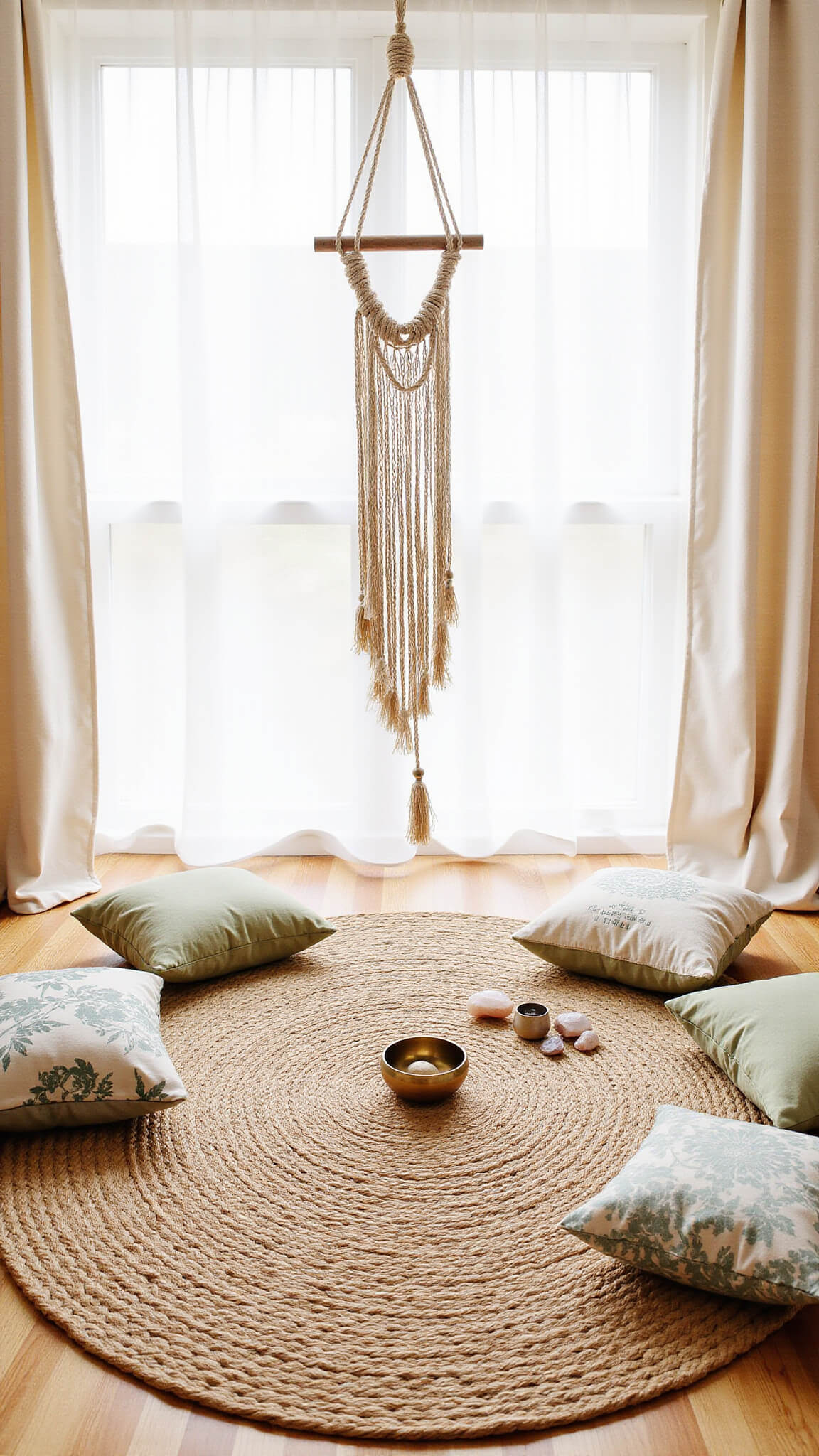 Cozy morning meditation space with jute rug, crescent of silk floor cushions, incense holder, singing bowls, crystals, and soft curtain lights in natural tones.