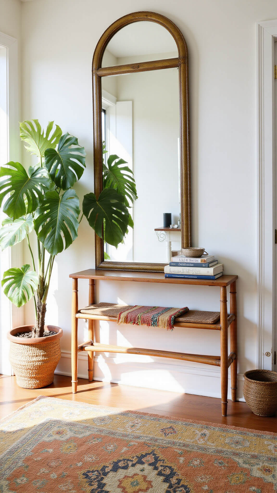 Sunlit entryway with vintage mirror reflecting natural light, monstera plant casting shadows, antique rattan console with terracotta and olive runner, and layered jute and Turkish kilim rugs.