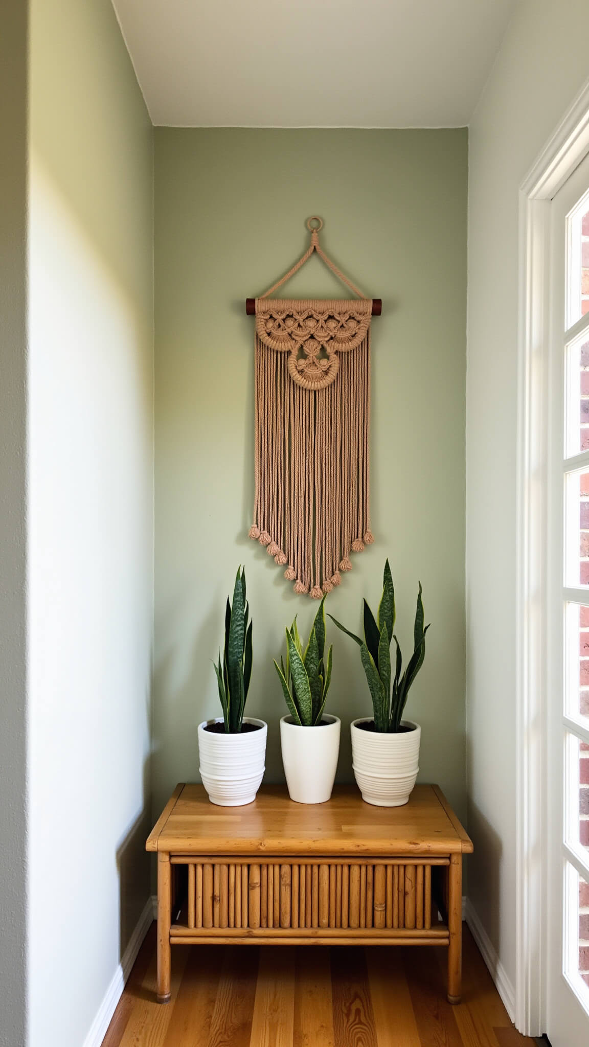 Cozy entryway with macramé wall hanging above bamboo bench, flanked by snake plants in ceramic pots, bathed in soft natural and warm ambient light.