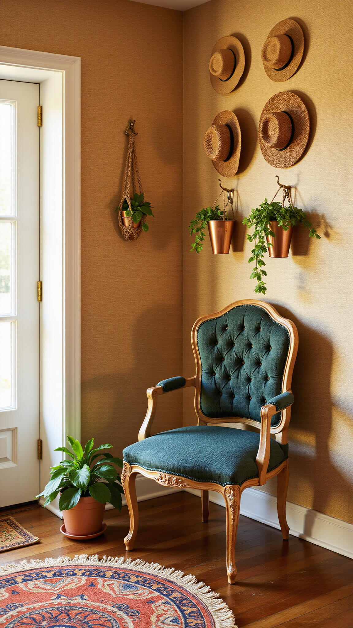 Golden hour light highlights a cozy 7x7ft entryway corner with a vintage peacock chair, grasscloth wallpaper, brass hooks holding straw hats and macramé hangers, trailing pothos in copper planters, and layered jute and terracotta kilim rugs.