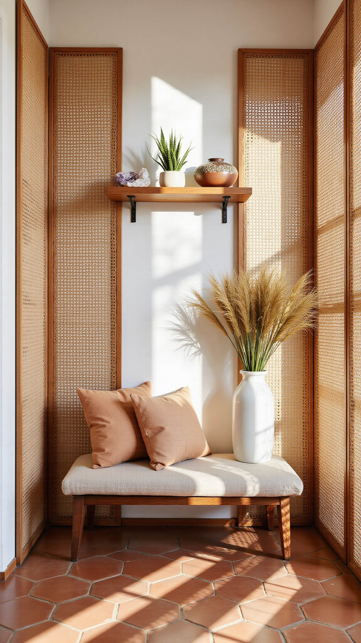 Cozy 5x7ft entryway nook with rattan dividers, vintage bench, air plants on copper shelf, pampas grass in ceramic vase, and terra cotta hex tile floor in soft morning light.