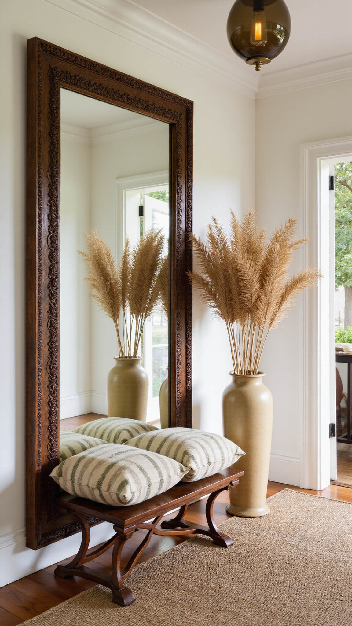 Late afternoon light fills a grand entryway with a large carved wooden mirror, dramatic dried palm fronds in a floor vase, a woven bench with striped cushions on vintage Persian runners, and a brass smokey glass pendant casting ambient shadows.