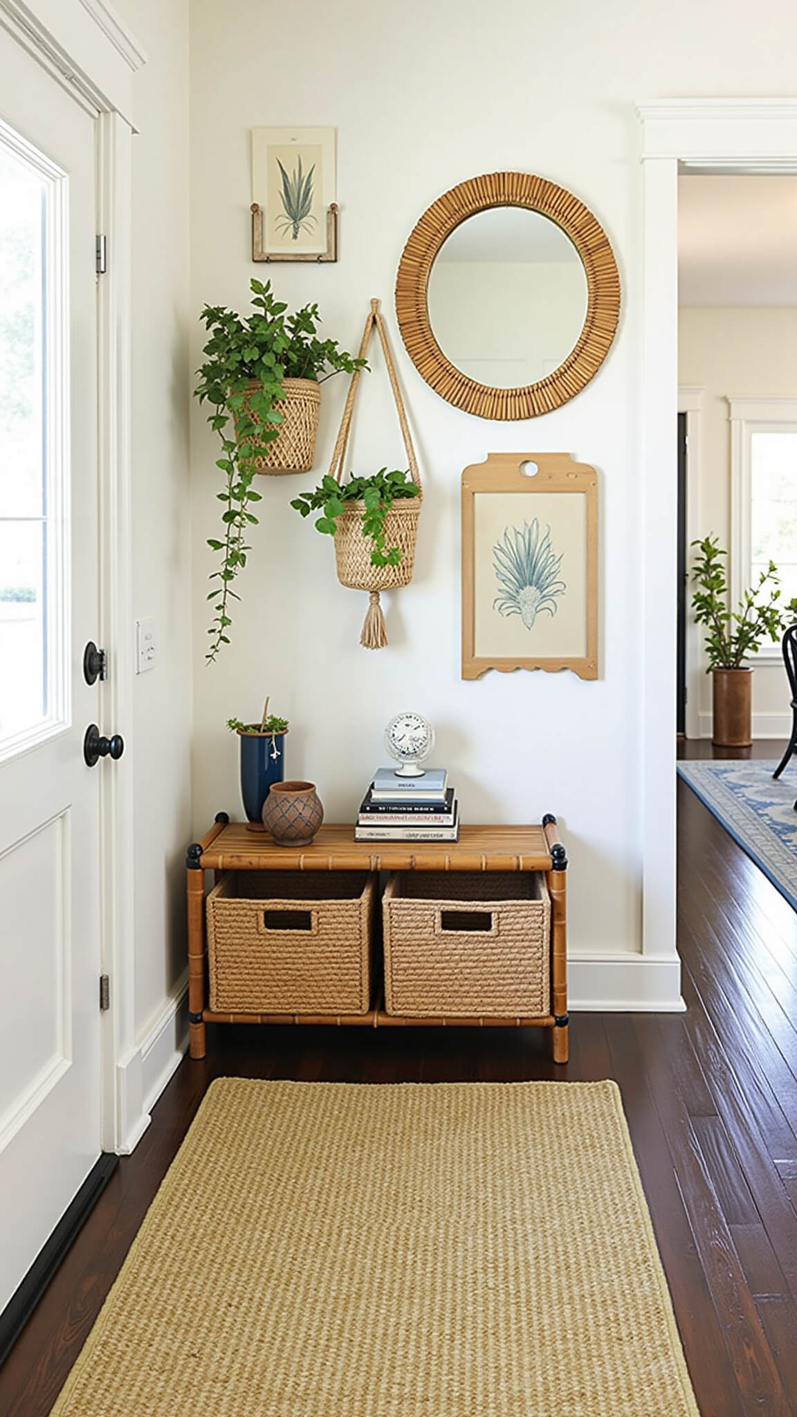 Cozy 6x8ft entryway with rattan mirrors, vintage botanical prints, macramé plant holders, bamboo console, woven baskets, and layered vintage rugs in mustard and indigo, bathed in soft morning light.