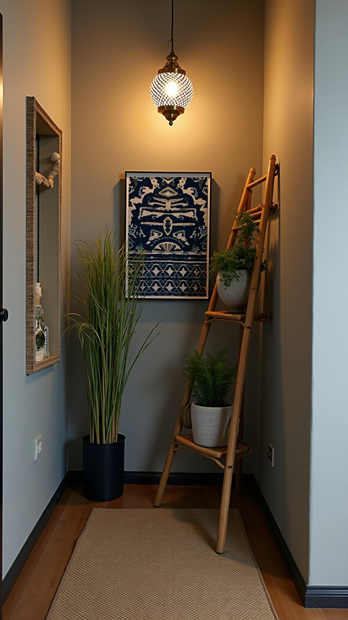 Moody 5x6ft entryway with Moroccan brass pendant, vintage ladder plant stand, indigo mudcloth art, rattan coat rack, tribal rug, and sisal flooring.