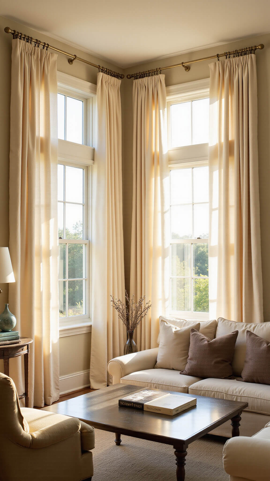 Sunlit contemporary living room at golden hour with ivory silk curtains draped elegantly from brass rods, highlighting soft folds and warm fabric texture.