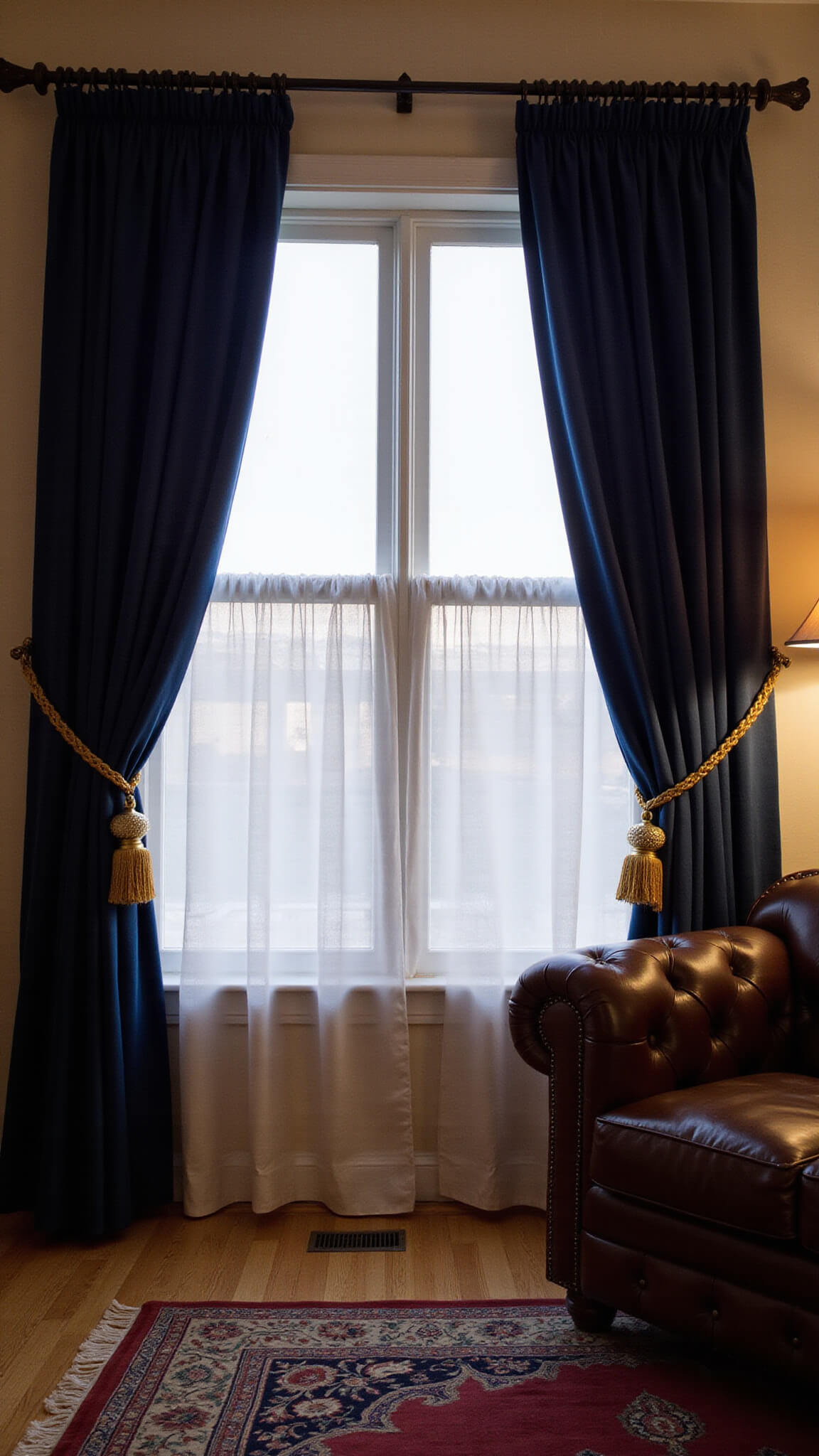 Intimate formal living room at dusk with layered sheer and navy velvet curtains, vintage Persian rug, leather Chesterfield sofa, and brass accents softly lit by strategic lighting.