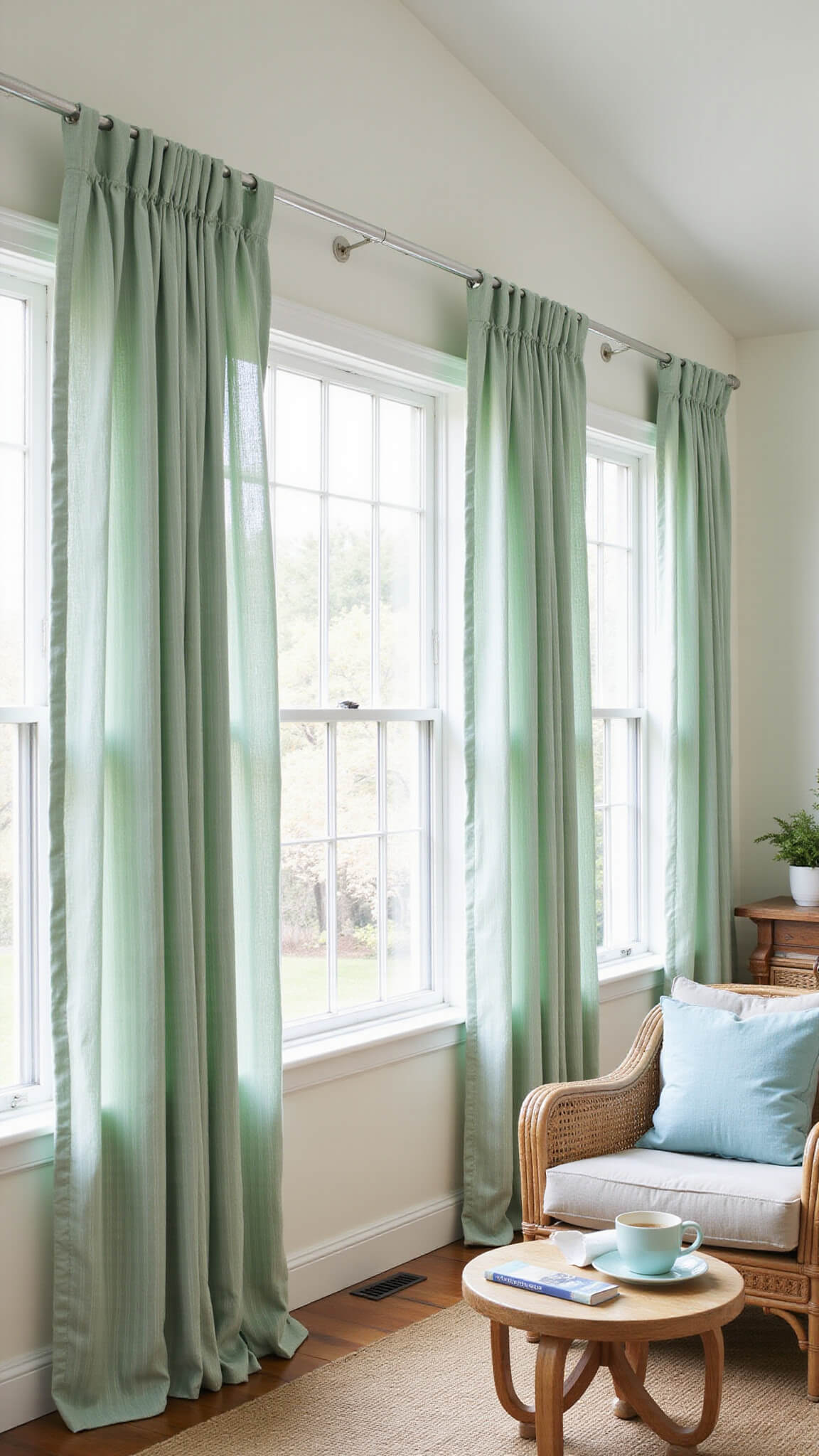 Bright coastal living room with vaulted ceilings, seafoam green and white striped curtains, rattan furniture, jute rug, and pale blue accents.