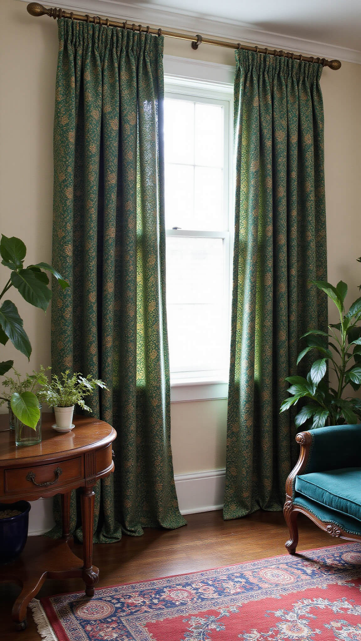 Bohemian living room with emerald and gold botanical curtains, vintage velvet sofa, layered rugs, and abundant plants, softly lit to highlight curtain patterns.