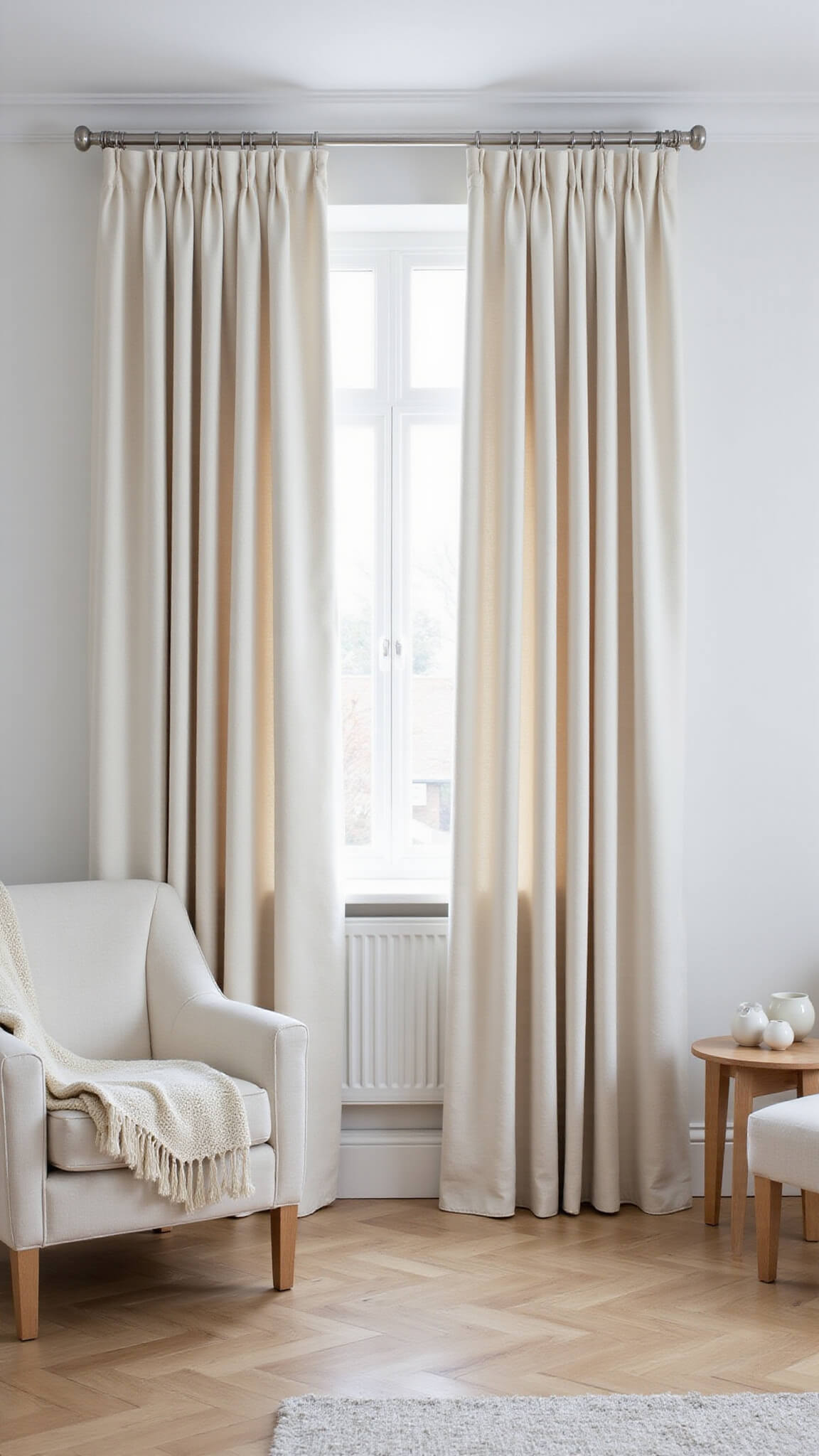Scandinavian minimal living space with white walls, light oak floors, and pale wood furniture accented by winter white ripple-fold curtains filtering early morning light.