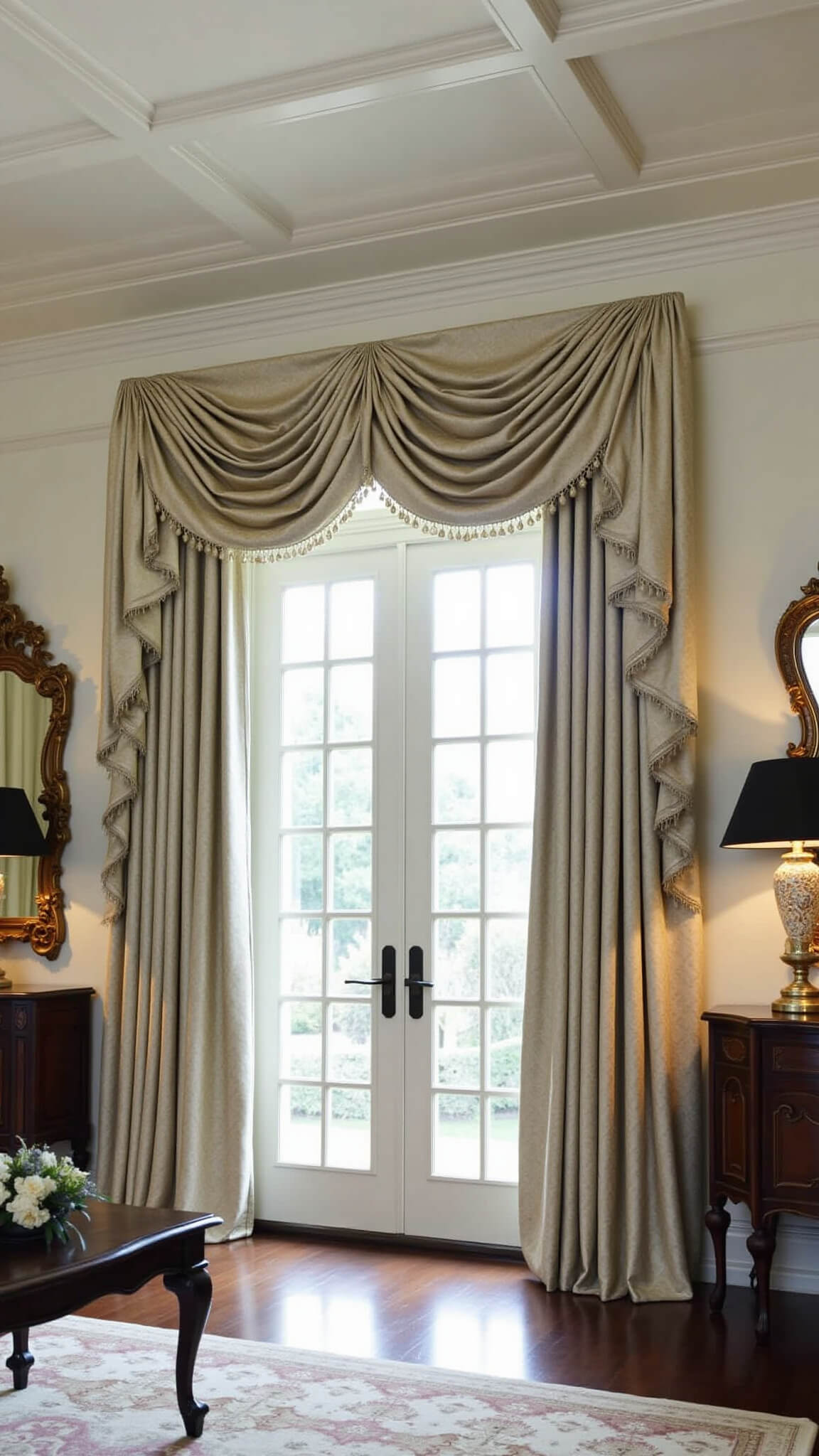 Elegant traditional formal living room with coffered ceiling, antique furniture, crystal chandelier, and pearl grey silk damask curtains filtering afternoon light.
