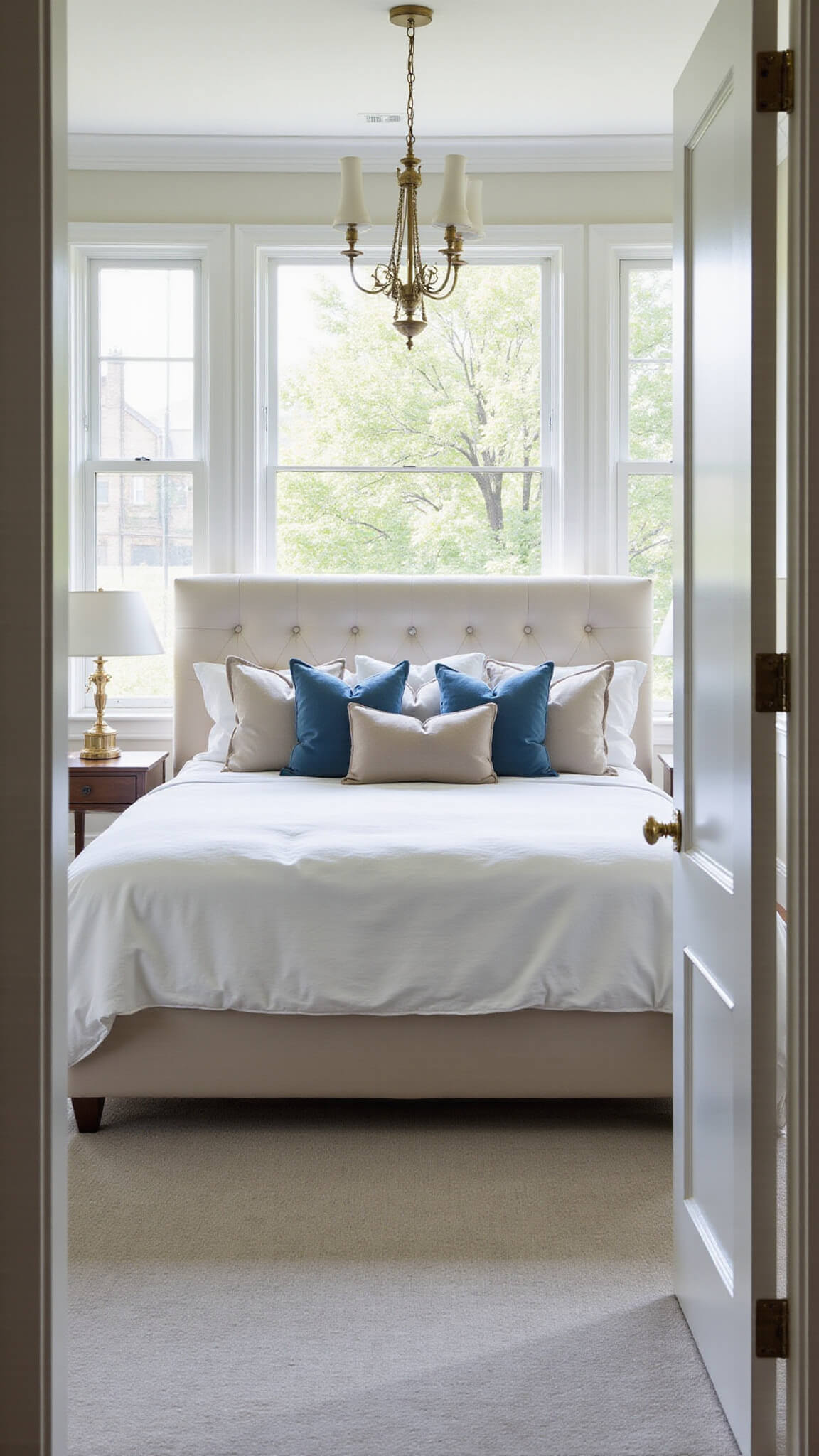 Serene master bedroom with king bed, ivory headboard, soft linens, and morning light through floor-to-ceiling windows.