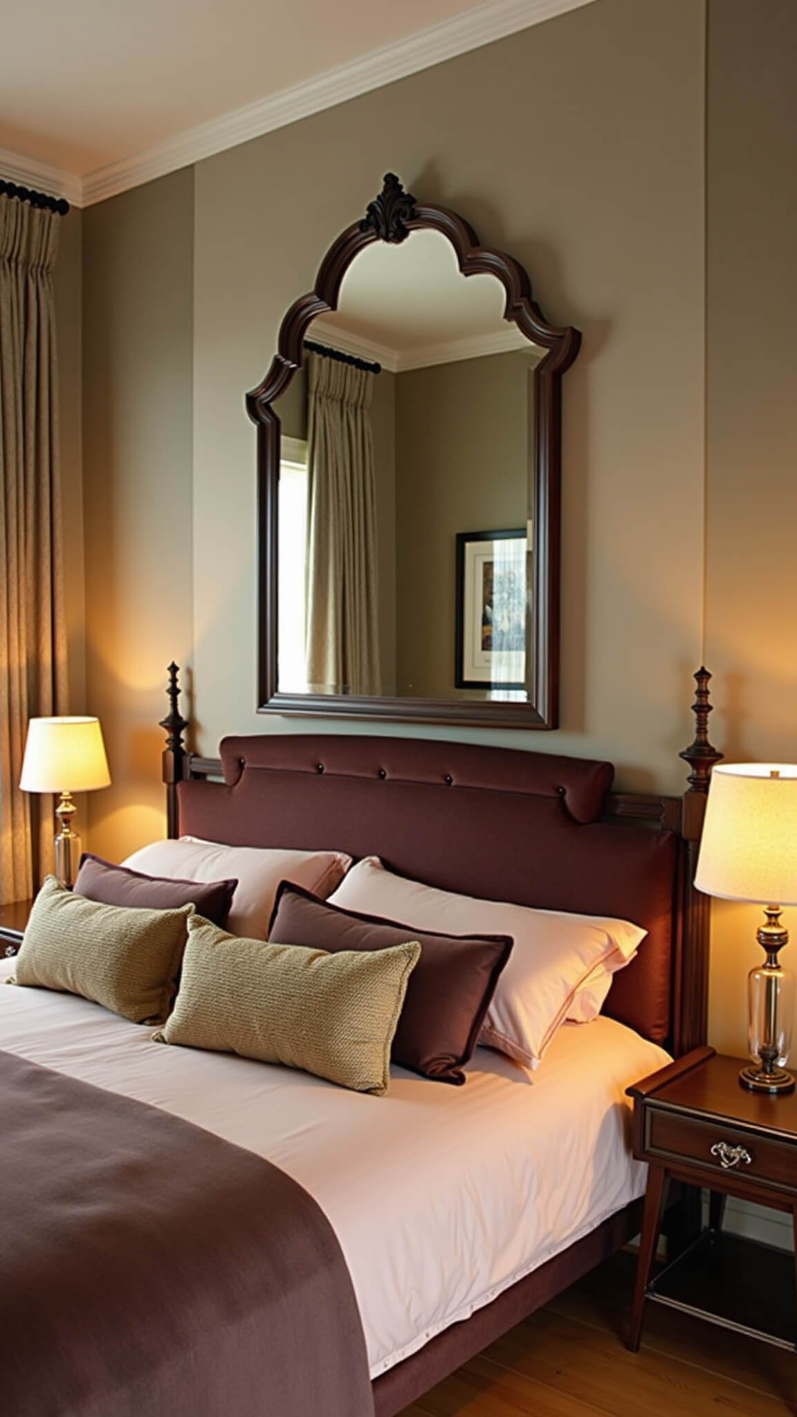 Cozy 12x14ft bedroom at golden hour with vintage wood headboard, blush velvet bedding, gold accents, arched mirror, and mid-century nightstands.