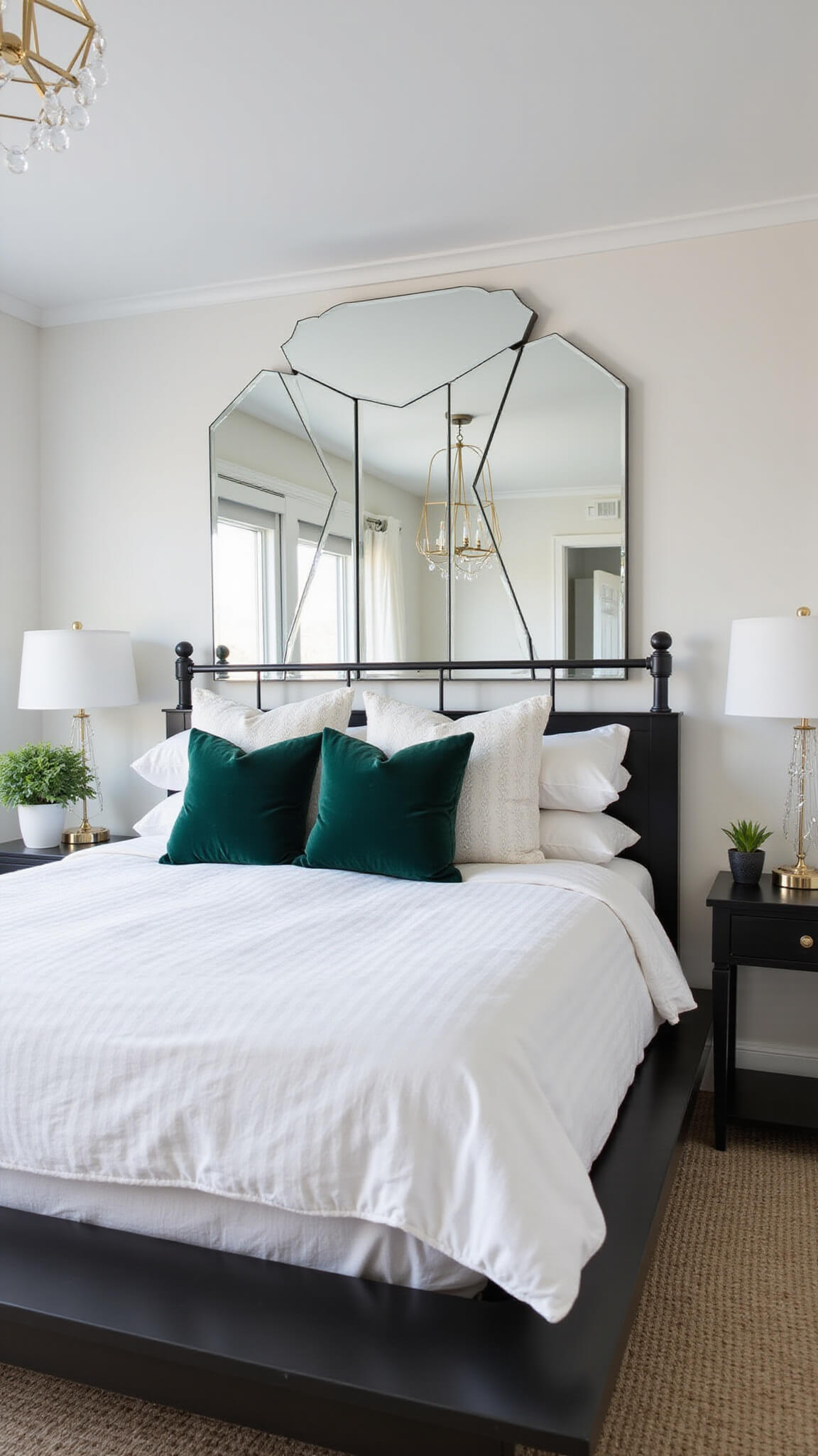 Modern 15x18ft white bedroom at dusk with black metal and emerald accents, floating bed, geometric lighting, and Art Deco mirror panels.
