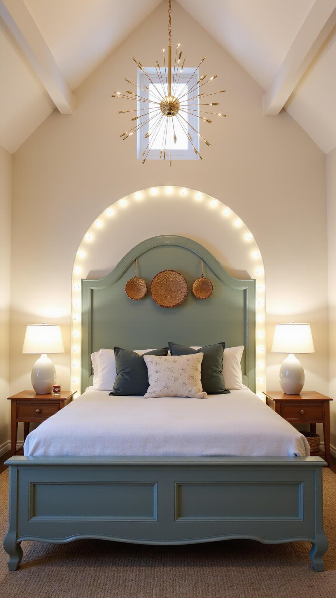 Cozy 13x15ft bedroom with vaulted ceilings, sage green painted arch headboard, layered lighting from sputnik chandelier, ceramic lamps, and LED strips, accented by woven baskets and jute rug during blue hour.