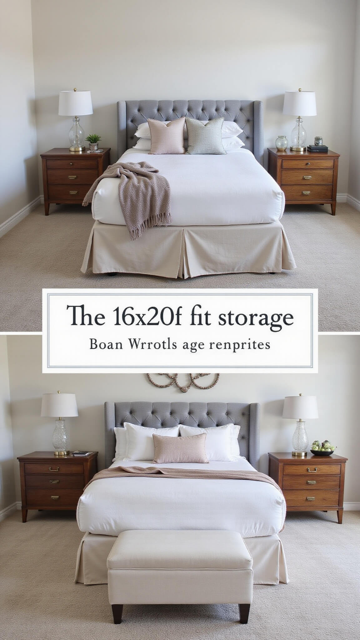 Luxurious 16x20ft bedroom with symmetrical design, walnut floating nightstands, tufted grey headboard, hidden under-bed storage, and cream bouclé ottoman, lit by soft midday light.