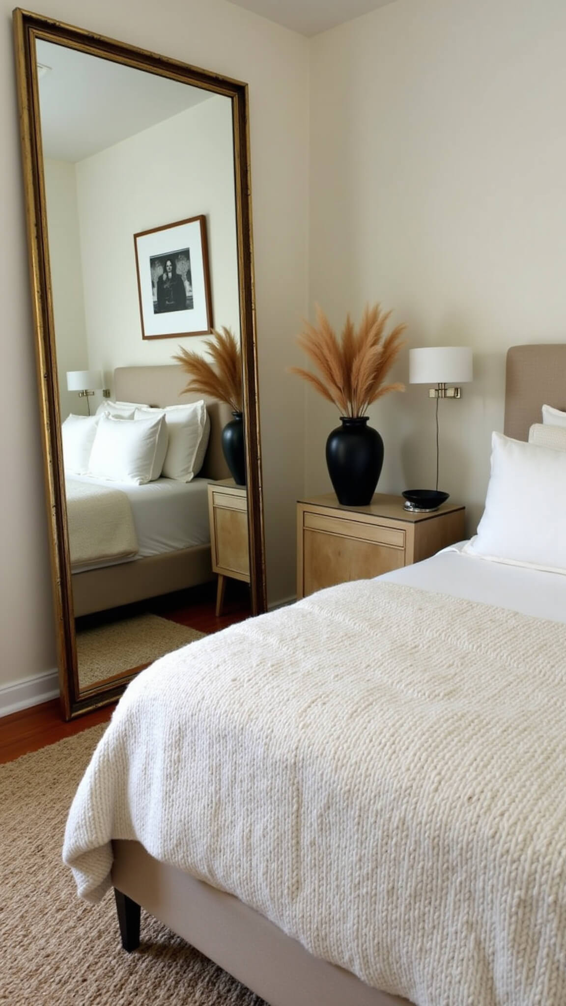 Twilight-lit artistic bedroom with gilded mirror reflecting pampas grass in black vase, ivory linen bedding, and gallery-lit black and white photos.
