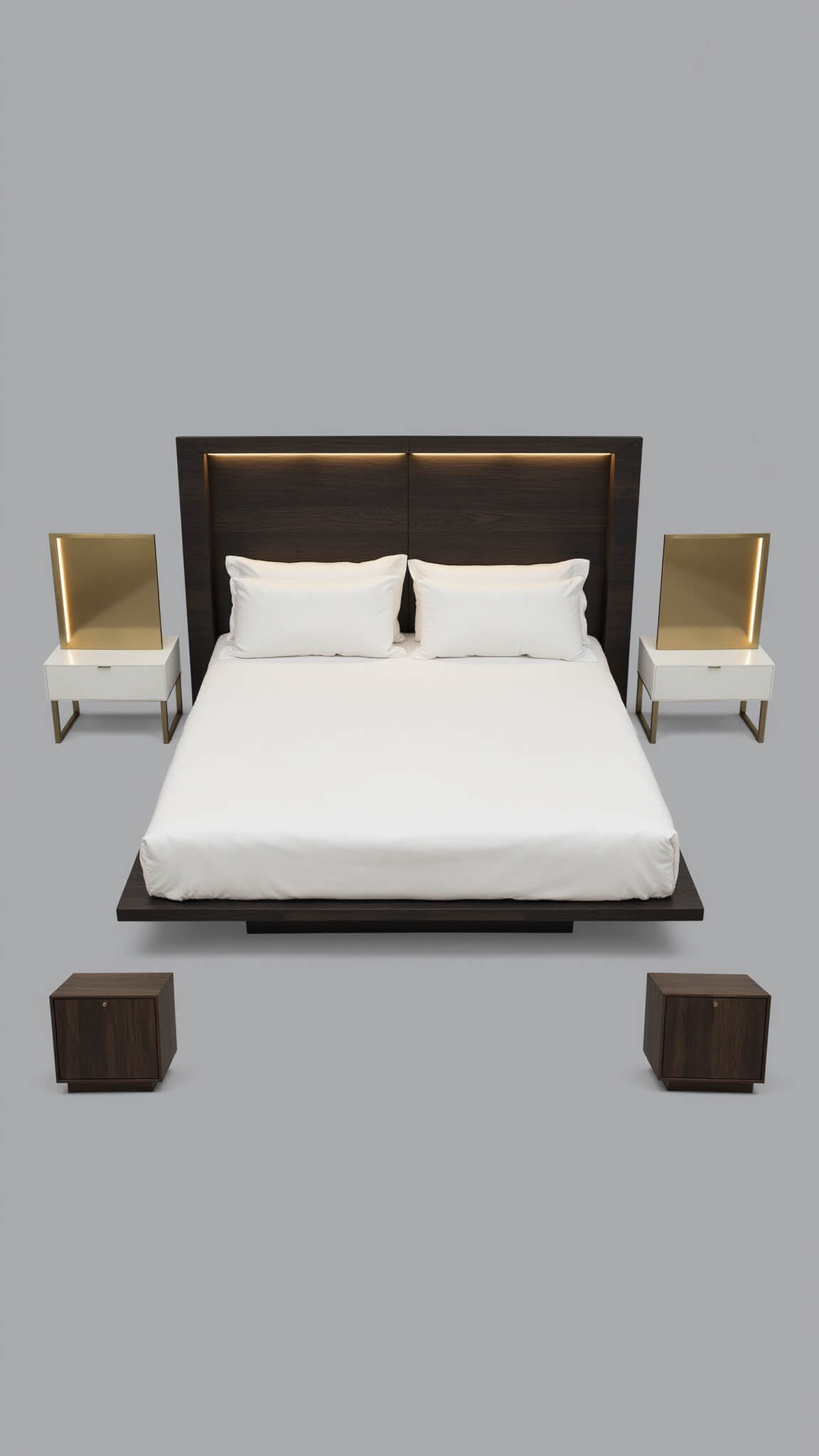Minimalist 12x14ft bedroom at dawn with floating queen bed, asymmetrical brass and black oak nightstands, linear LED lighting, and strategic furniture placement away from walls.
