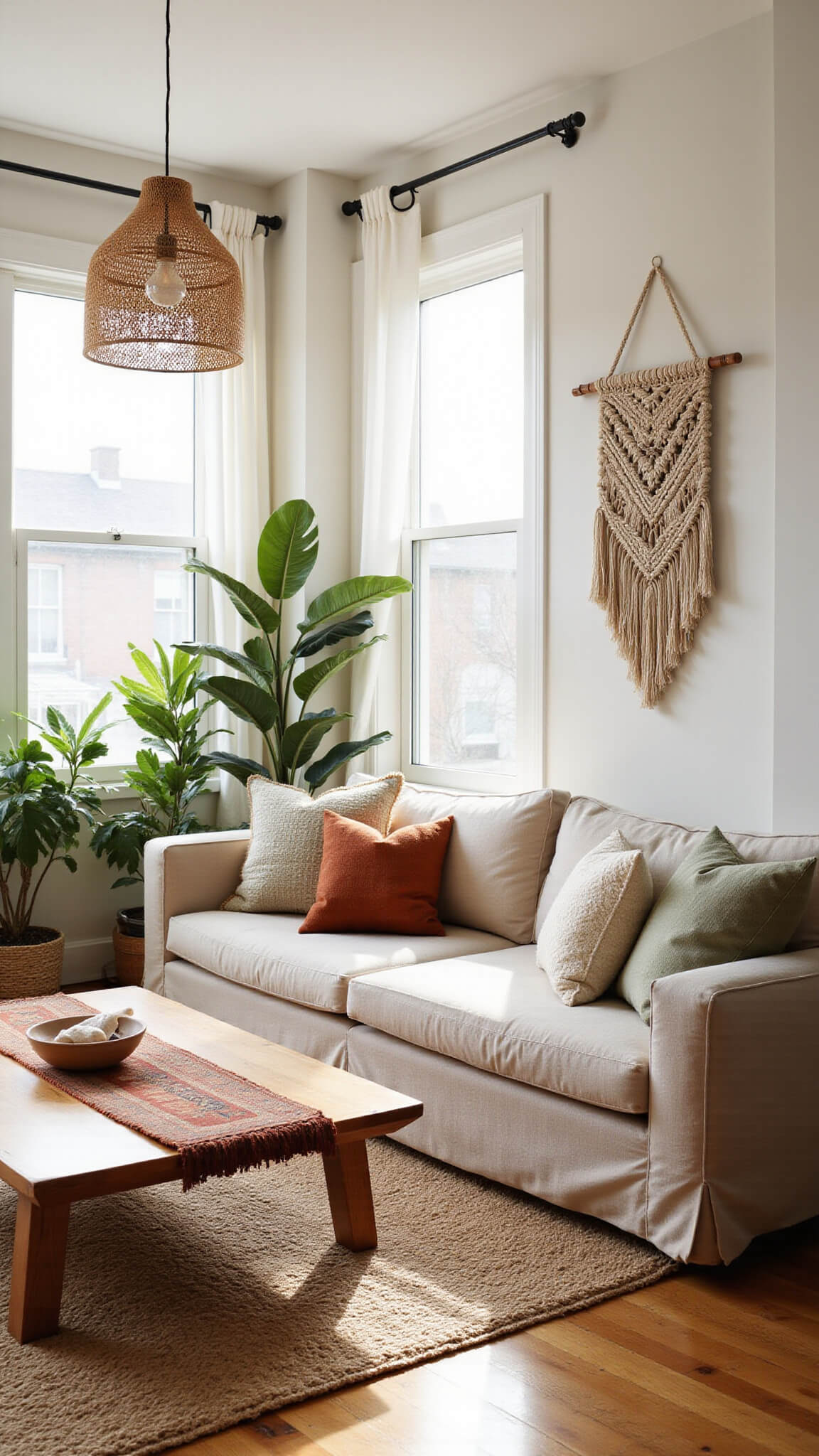 Bright, sunlit living room with oatmeal linen sofa, teak coffee table, layered rugs, and lush plants near west-facing windows with sheer curtains.
