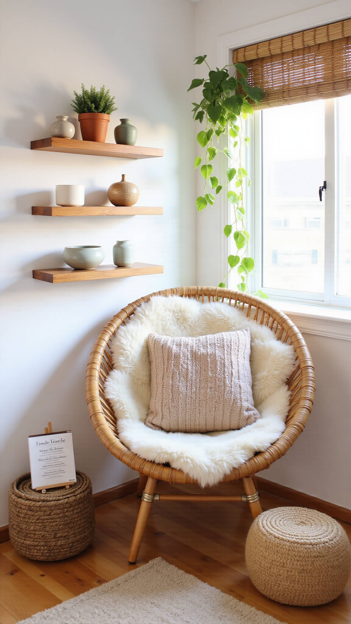 Scandi-boho corner reading nook with rattan peacock chair, sheepskin throw, earthy cushions, floating shelves with ceramics and plants, warm morning light filtering through bamboo blinds.