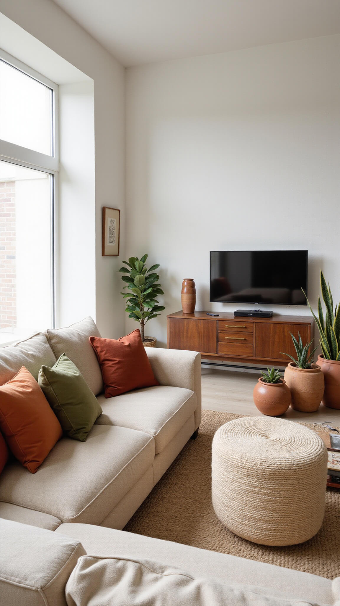 Modern bohemian living room with beige linen sectional, handcrafted wood media console, clay pots with snake plants, and soft natural lighting accentuating minimalist white walls and rich textures.