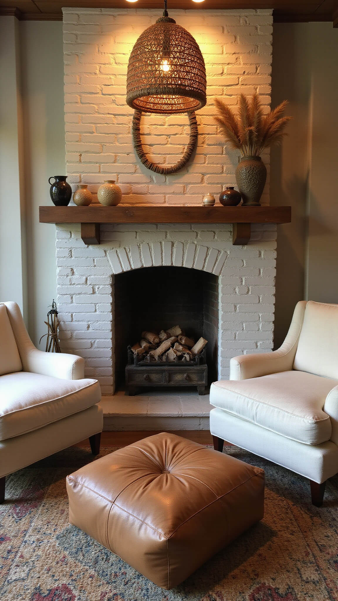 Cozy conversation area with whitewashed brick fireplace, cream bouclé chairs, leather pouf, layered natural and Moroccan rugs, rattan pendant light, and warm ambient dusk lighting.