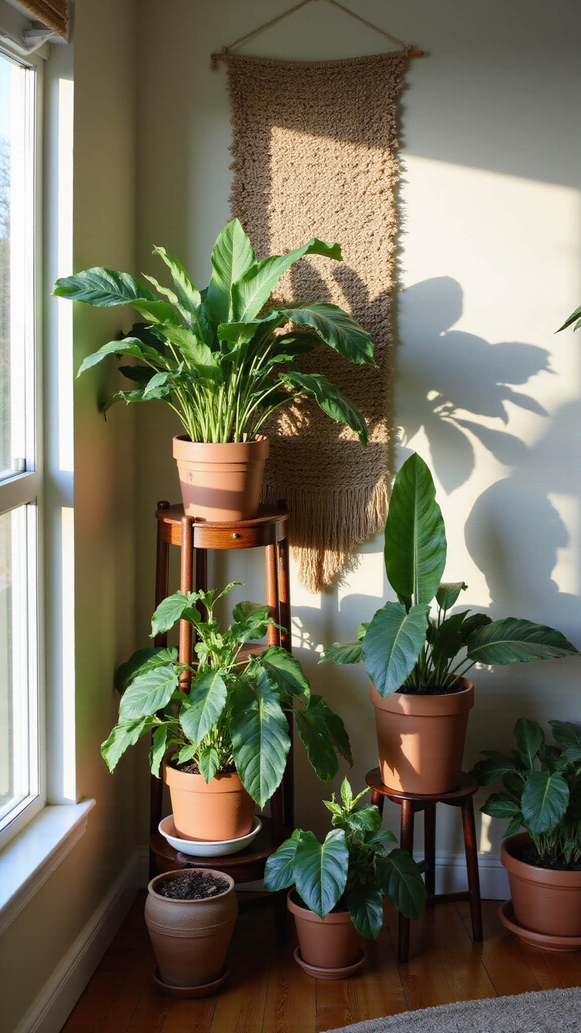 Close-up of window-side plant corner with monstera, pothos, and fiddle leaf fig in terracotta and ceramic pots on vintage wooden stand, dramatic morning light casting shadows, neutral woven wall hanging in background.